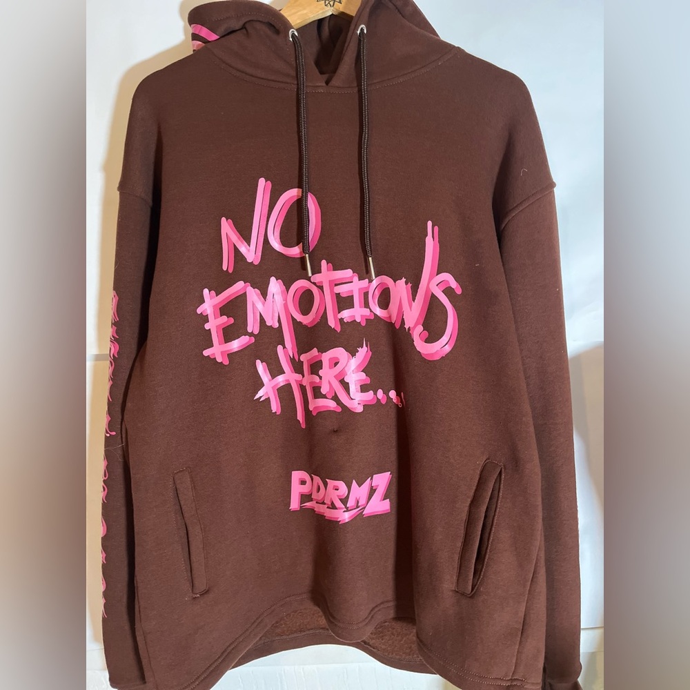 PDRMZ “No Emotions Here…” Brown Pullover Hoodie with Pink Graphic